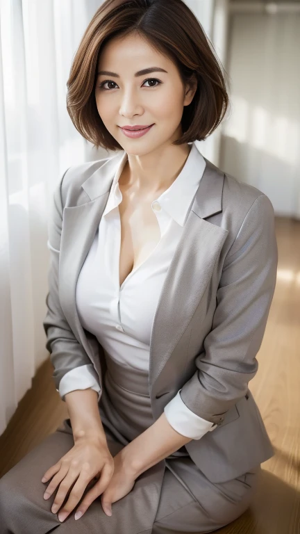 (highest quality,8k,masterpiece),
日本人Mature Woman,40 years,Mature Woman,Pure white skin, Tabletop、Top view from chest、
Full breasts、 White collared blouse、Grey tailored jacket、Grey tight skirt、Brown short bob、
,A gentle smile、A gaze that seduces viewers、In-house offices、