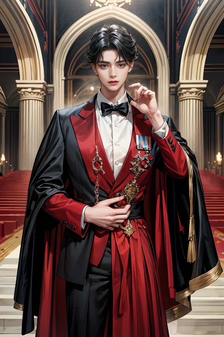 masterpiece, 最high quality, high quality, 1 boy, alone, Male focus, Watching the audience, Messy black hair, Adorable big blue eyes, White, Noble, Noble, Beautiful angel、Tuxedo、A tall stand-up collar, very big, very big, very big, long, long, reaching down to the floor, a long, long red and black cape made with a lot of fabric, 17 years old,Cute beautiful boys,Cute, cute, kind, handsome guy