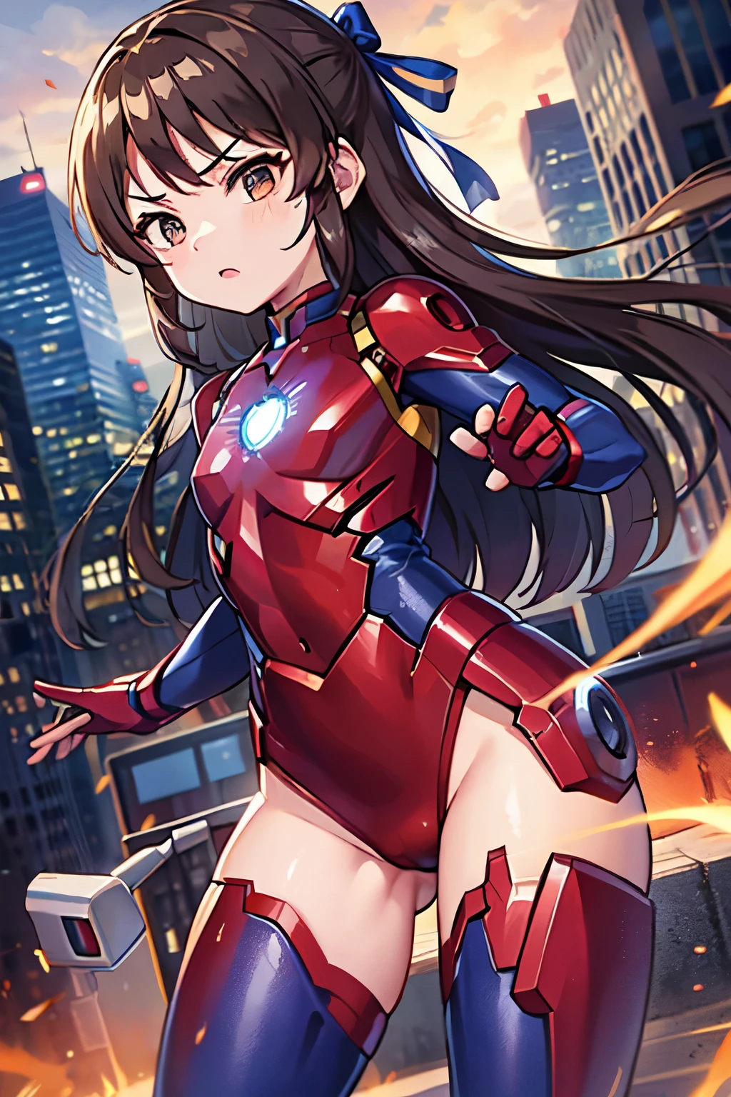 Primary school students、child、Long Hair、((Small breasts、Small breasts、child体型、Angry、injured body、Blue ribbon))、((iron man suit))、City of night、Rooftop、Boxing stance、8 year old 、Fight the enemy、A body covered in scars、Struggled、Sweating profusely