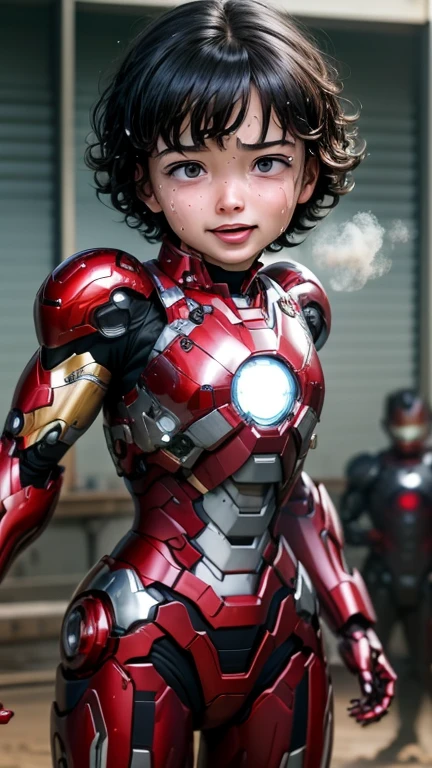 Highest quality　8k Iron Man suit girl　Elementary school girl　sweaty face　cute　Short Hair　boyish　Steam from the head　My hair is wet with sweat　Black hair Feeling