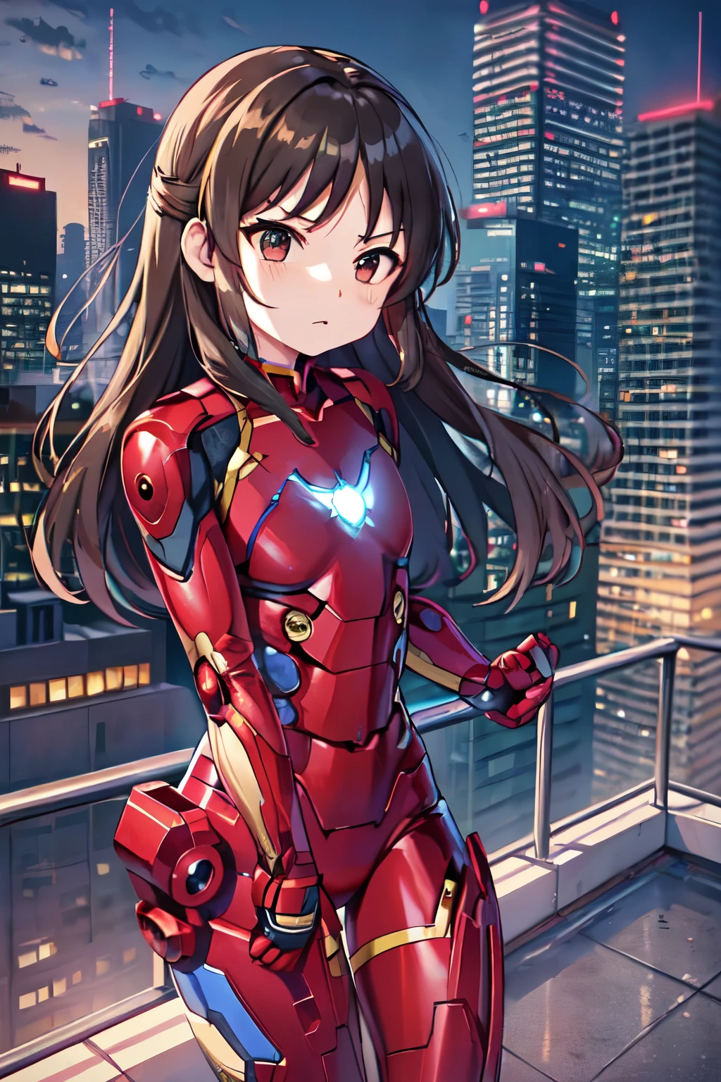 、child、Long Hair、((Smallsts、Small breasts、child体型、Angry、injured body、Bibbon))、((iron man suit))、City of night、Rooftop、Boxing stance、8 year old 、Fight the enemy、A body in scars、Struggled、Sweating profusely