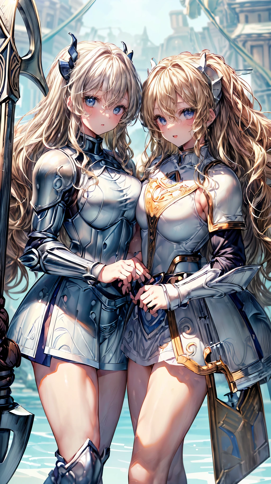 Very detailed、highest quality、(Best image quality:1.5)、(masterpiece:1.5)、8k、(Two women side by side:1.5)、Anime Face、A kind smile、Open Mouth、(Beautiful bright blue eyes:1.5)、(Blonde wavy hair:1.5)、Muscles of the whole body、Thigh belt、(Wearing white bikini armor:1.5)、(Cowboy Shot:1.6)、(Wearing a helmet:1.5)、(Holding a battle axe:1.5)、Warm lighting