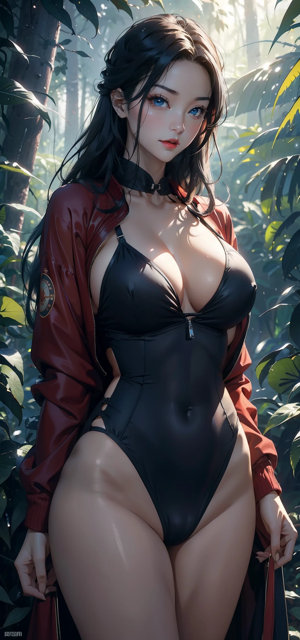 1 female,45 years old,Large Breasts,Long legs,Big breasts and thin waist, 照片曝Light,(background:In the woods,Rainforest,In the summer,Strong wind) She has long gray hair,Straight Hair,Red lips,stand up,Front view, OK, Gloomy sky,(((masterpiece),(Highly detailed CG Unity 8k wallpaper),最OK质量,Light,详细background,Beautiful blue eyes,(Very delicate and beautiful),(Beautiful and detailed description of the eyes),Super detailed,masterpiece,)),face camera,high resolution,Super detailed),Exposing breasts,Exposing genitals, Convex,Camel toe,Sexy bulge,Chinese Navy(wear:red baseball jacket,Black collar,Sexy swimsuit