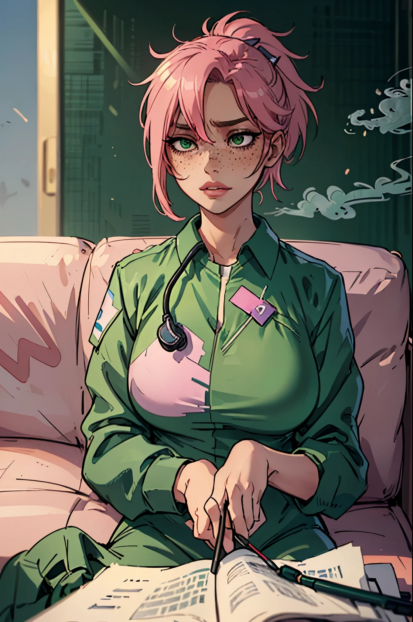 Masterpiece, best quality, centered in frame, portrait, female, tan skin, stressed expression, busty, exhaling smoke, eye bags, emt gear, stethoscope, nervous, pink full lips, messy ponytail, bright green hair, couch landscape, green eyes, paramedic uniform, freckles, beautiful