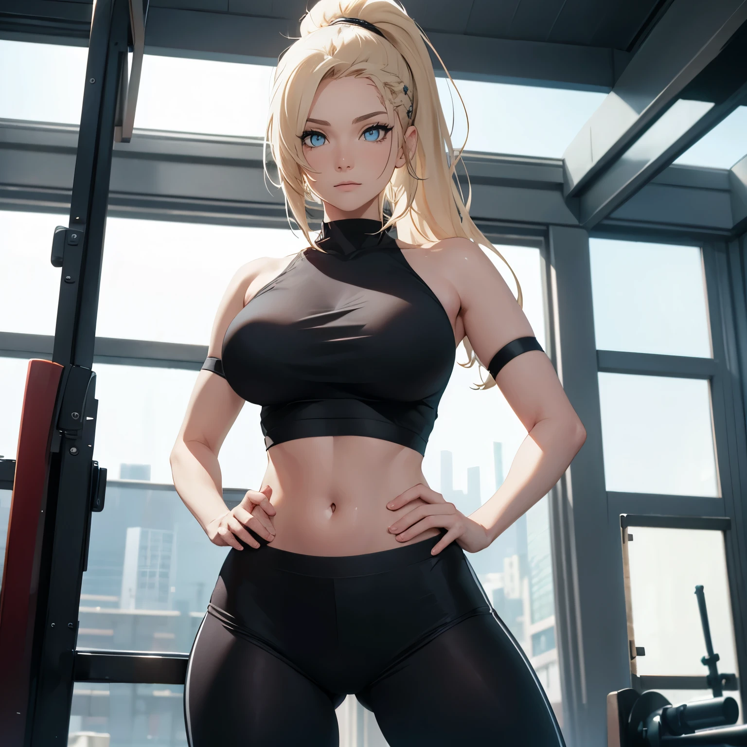 (masterpiece), anime, Best quality, good anatomy, one girl, (stand), arms at hips, blue eyes, Big breasts, realistic face, gloomy face, Looking down, blonde hair, ponytail, hair covers the left eye:1, navel ,bare shoulders, tight black top, black pants, tall legs, beautiful legs, gym, Reflectors, 8K masterpiece, super detail, film movie, best quality, best ditails, detailed face, detailed eyes, camera from bellow