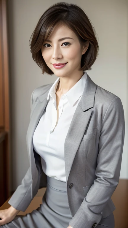 (highest quality,8k,masterpiece),
日本人Mature Woman,40 years,Mature Woman,Pure white skin, Tabletop、Top view from chest、
Full breasts、　((White collared blouse))、((Grey tailored jacket))、Grey tight skirt、Brown short bob、
,A gentle smile、A gaze that seduces viewers、In-house offices、