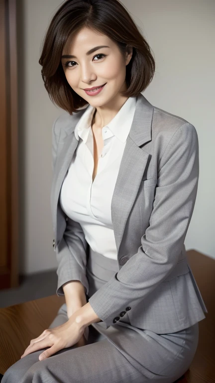 (highest quality,8k,masterpiece),
日本人Mature Woman,40 years,Mature Woman,Pure white skin, Tabletop、Top view from chest、
Full breasts、 ((White collared blouse))、((Grey tailored jacket))、Grey tight skirt、Brown short bob、
,A gentle smile、A gaze that seduces viewers、In-house offices、