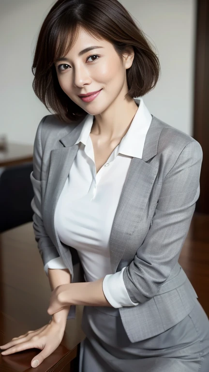 (highest quality,8k,masterpiece),
日本人Mature Woman,40 years,Mature Woman,Pure white skin, Tabletop、Top view from chest、
Full breasts、　((White collared blouse))、((Grey tailored jacket))、Grey tight skirt、Brown short bob、
,A gentle smile、A gaze that seduces viewers、In-house offices、