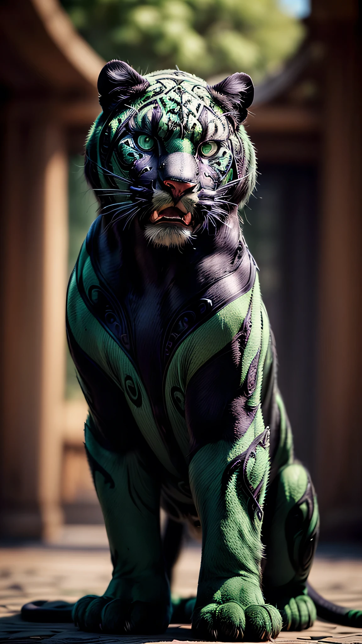 ((best quality: 1.2)) ((masterpiece, extremely intricate:1.3)), soft focus, professional, (((green furred gigantic panther, roaring)), photorealistic, hyper-realistic, 8K