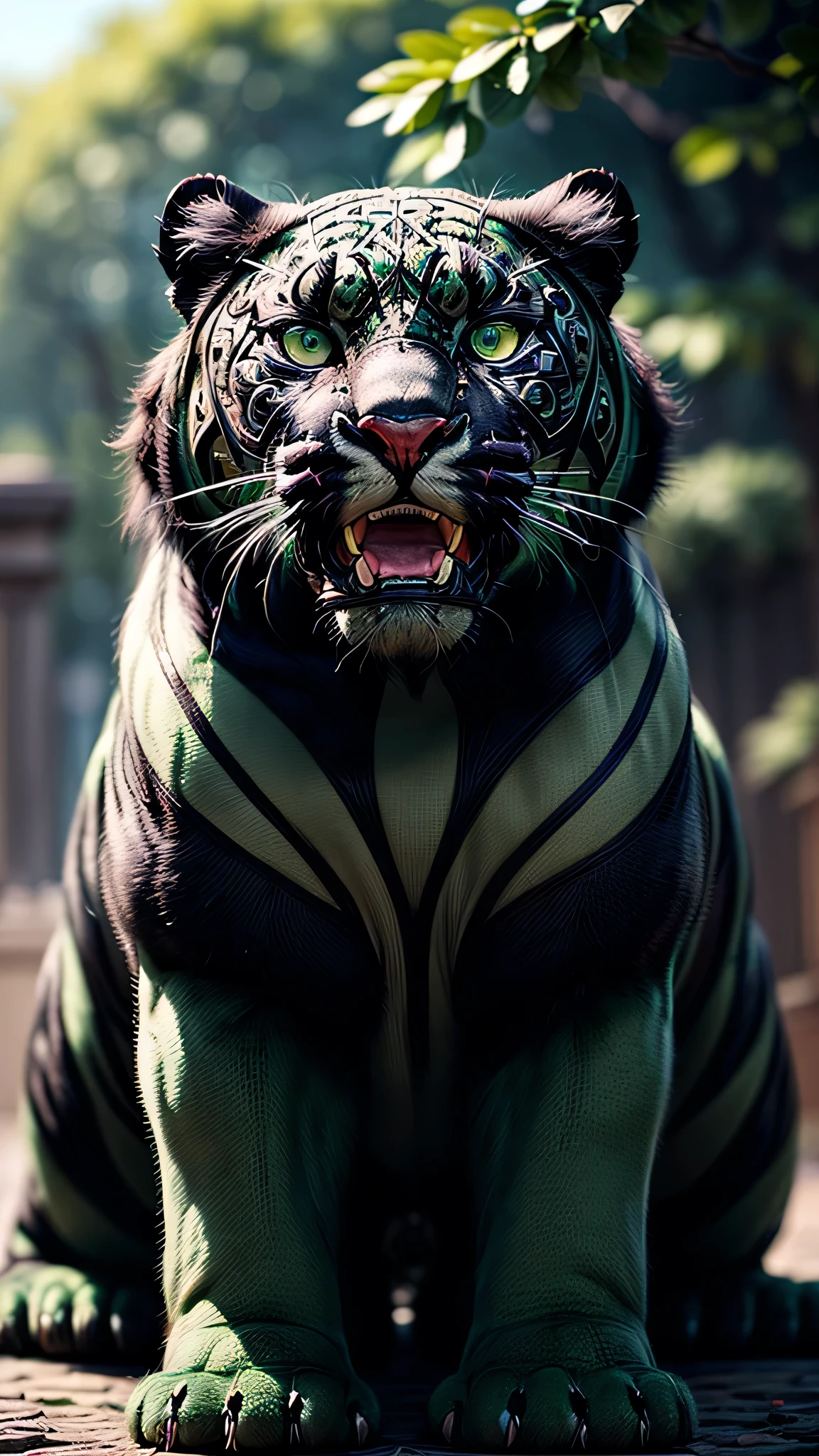 ((best quality: 1.2)) ((masterpiece, extremely intricate:1.3)), soft focus, professional, (((green furred gigantic panther, roaring)), photorealistic, hyper-realistic, 8K