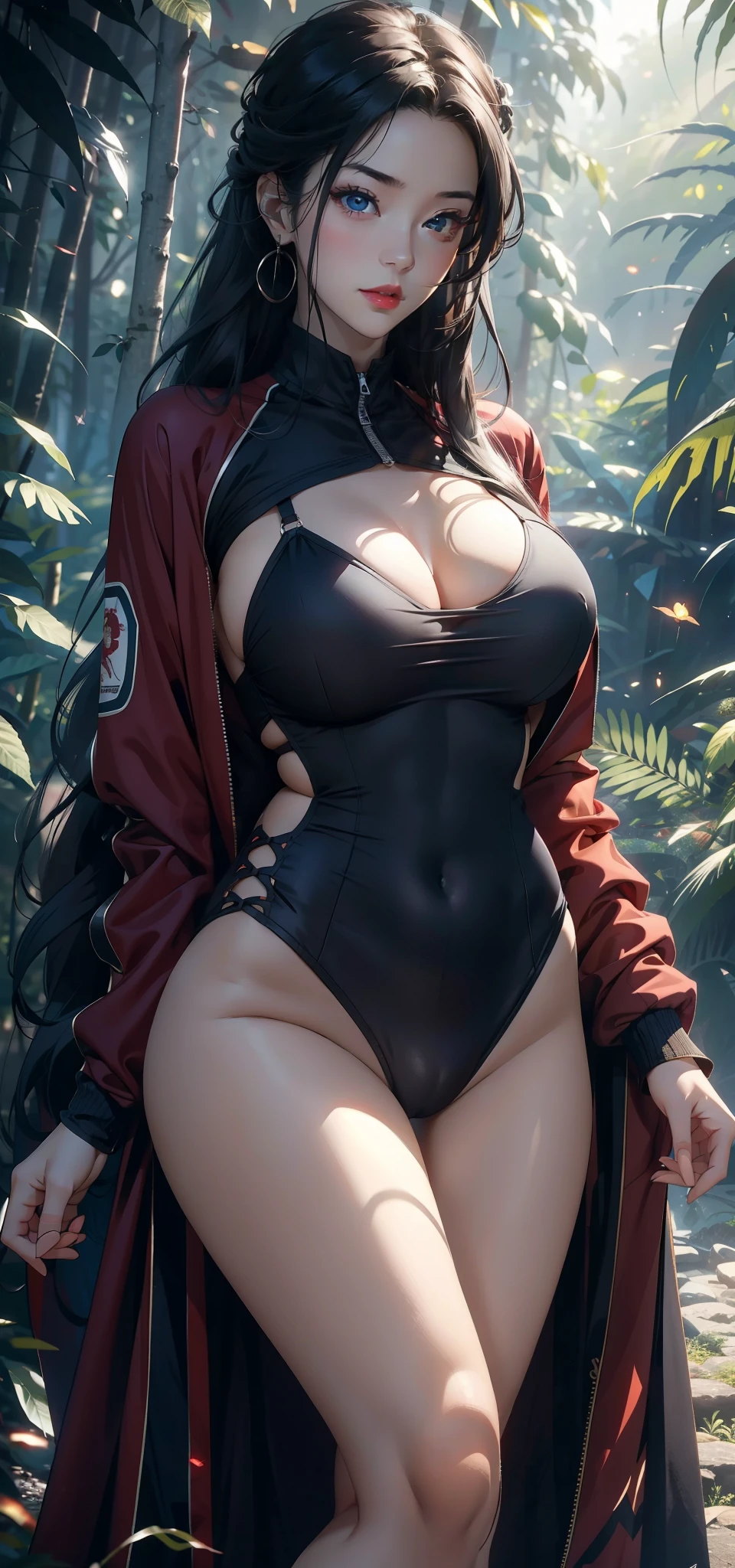 1 female,45 years old,Large Breasts,Long legs,Big breasts and thin waist, 照片曝Light,(background:In the woods,Rainforest,In the summer,Strong wind) She has long gray hair,Straight Hair,Red lips,stand up,Front view, OK, Gloomy sky,(((masterpiece),(Highly detailed CG Unity 8k wallpaper),最OK质量,Light,详细background,Beautiful blue eyes,(Very delicate and beautiful),(Beautiful and detailed description of the eyes),Super detailed,masterpiece,)),face camera,high resolution,Super detailed),Exposing breasts,Exposing genitals, Convex,Camel toe,Sexy bulge,Chinese Navy(wear:red baseball jacket,Black collar,Sexy swimsuit