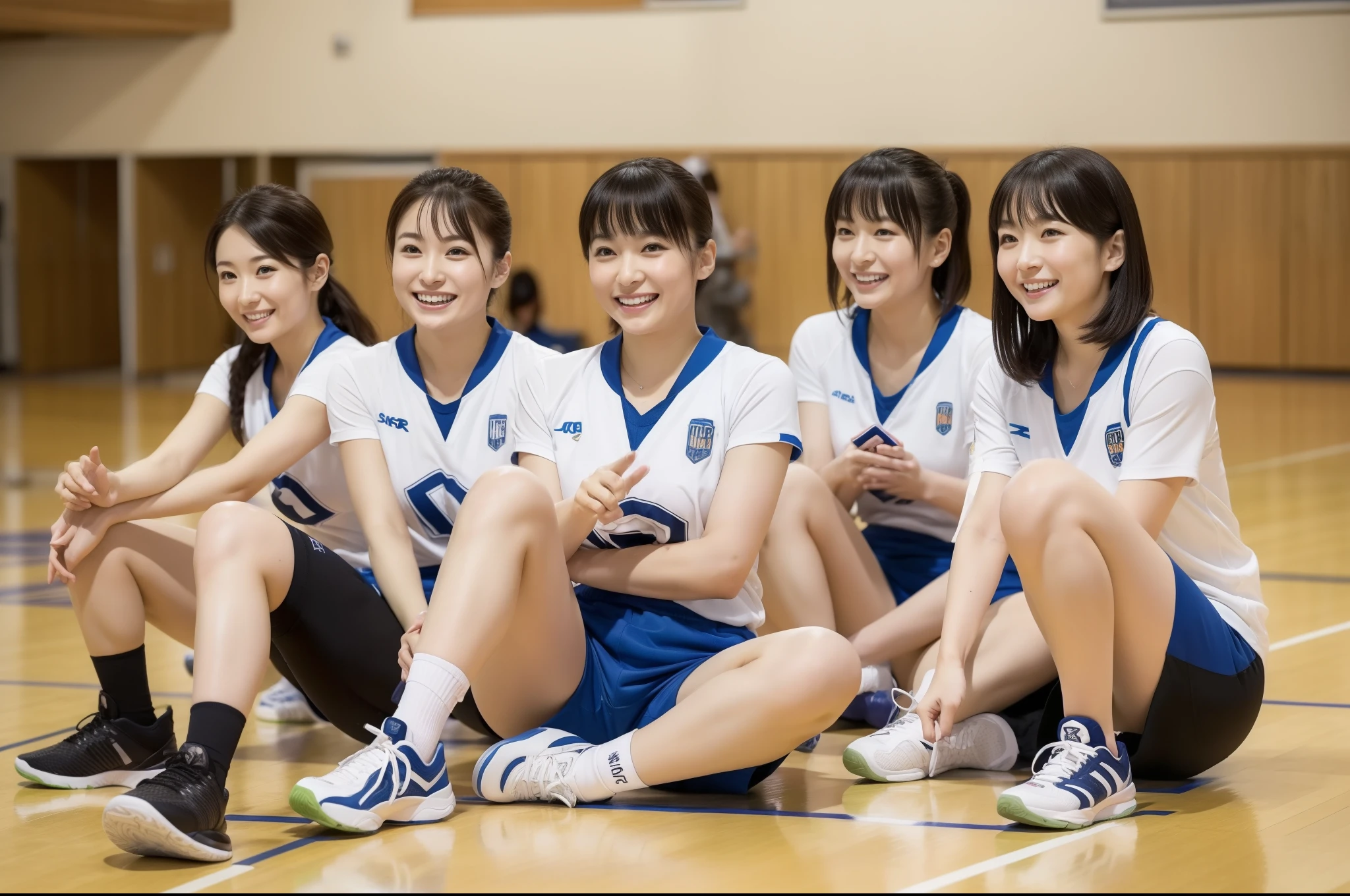 ((highest quality, 8k, Representative works in detail, Ultra-high resolution)), (Group photo of Japanese women), (Looking at the audience), (Mid Shot:),美しいJapanese、Ｖlize、 5 attractive volleyball players、Pure Japanese speaking women only 5 people, Long legs、A little chubby:0.25, Volleyball Uniforms、Short sleeve shirt,Shorts、Knee support、Sports boots、Sitting cross-legged on the gym floor)), Japanese、smile, sweating、Indoor gymnasium、