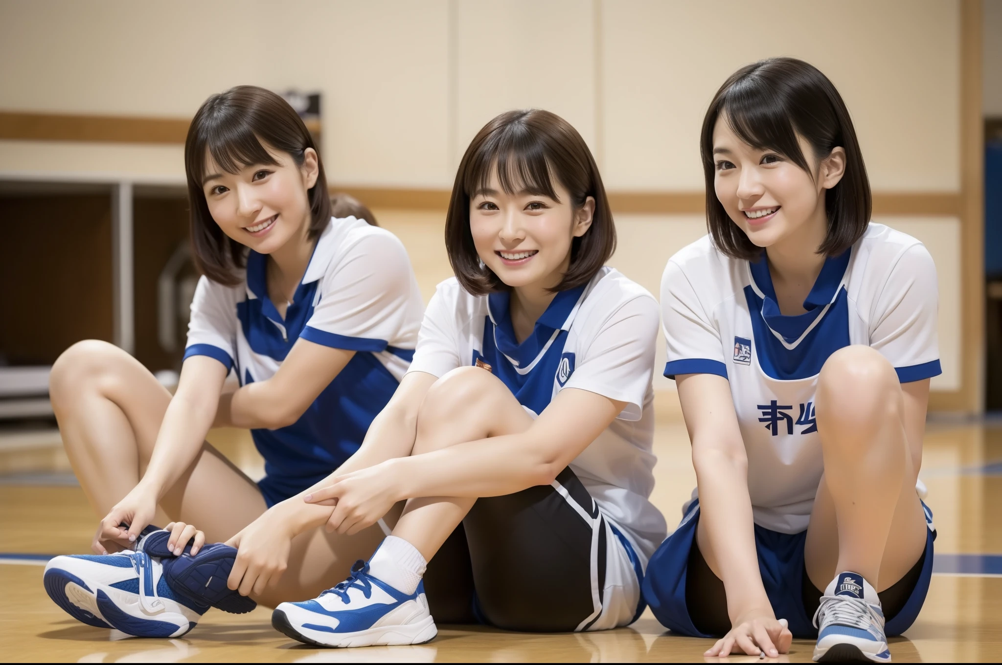 ((highest quality, 8k, Representative works in detail, Ultra-high resolution)), (Group photo of Japanese women), (Looking at the audience), (Mid Shot:),美しいJapanese、Vlize、 5 attractive volleyball players、Pure Japanese speaking women only 5 people, Long legs、A little chubby:0.25, Volleyball Uniforms、Short sleeve shirt,Shorts、Knee support、Sports boots、Sitting cross-legged on the gym floor)), Japanese、smile, sweating、Indoor gymnasium、