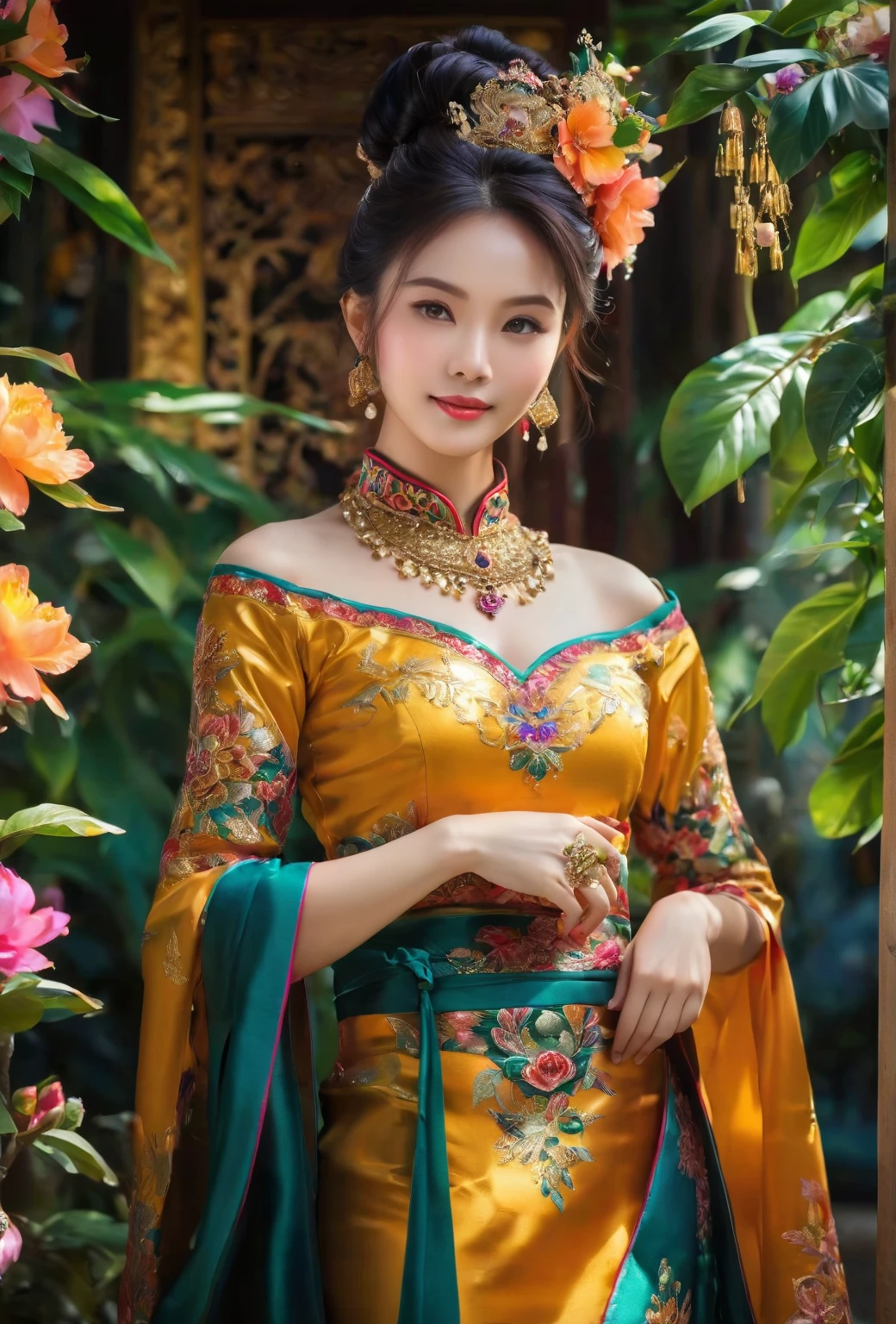 (best quality,4k,8k,highres,masterpiece:1.2),ultra-detailed,realistic,beautiful lady in Thai tradition costume,ornately designed dress and accessories,lustrous silk fabric,elaborate gold embroidery,flowing skirt and long sleeves,brightly colored patterns and motifs,traditional headdress adorned with flowers and jewels,graceful and elegant posture,fine facial features and captivating eyes,serene expression and radiant smile,background depicting a serene Thai garden with lush greenery and blooming flowers,tropical atmosphere with warm sunlight filtering through the trees,subtle hints of traditional Thai architecture and elements,capturing the rich cultural heritage of Thailand,portraits, vivid colors,soft and warm color tones,gently diffused lighting,immersing the viewer in the beauty of Thai tradition and culture.