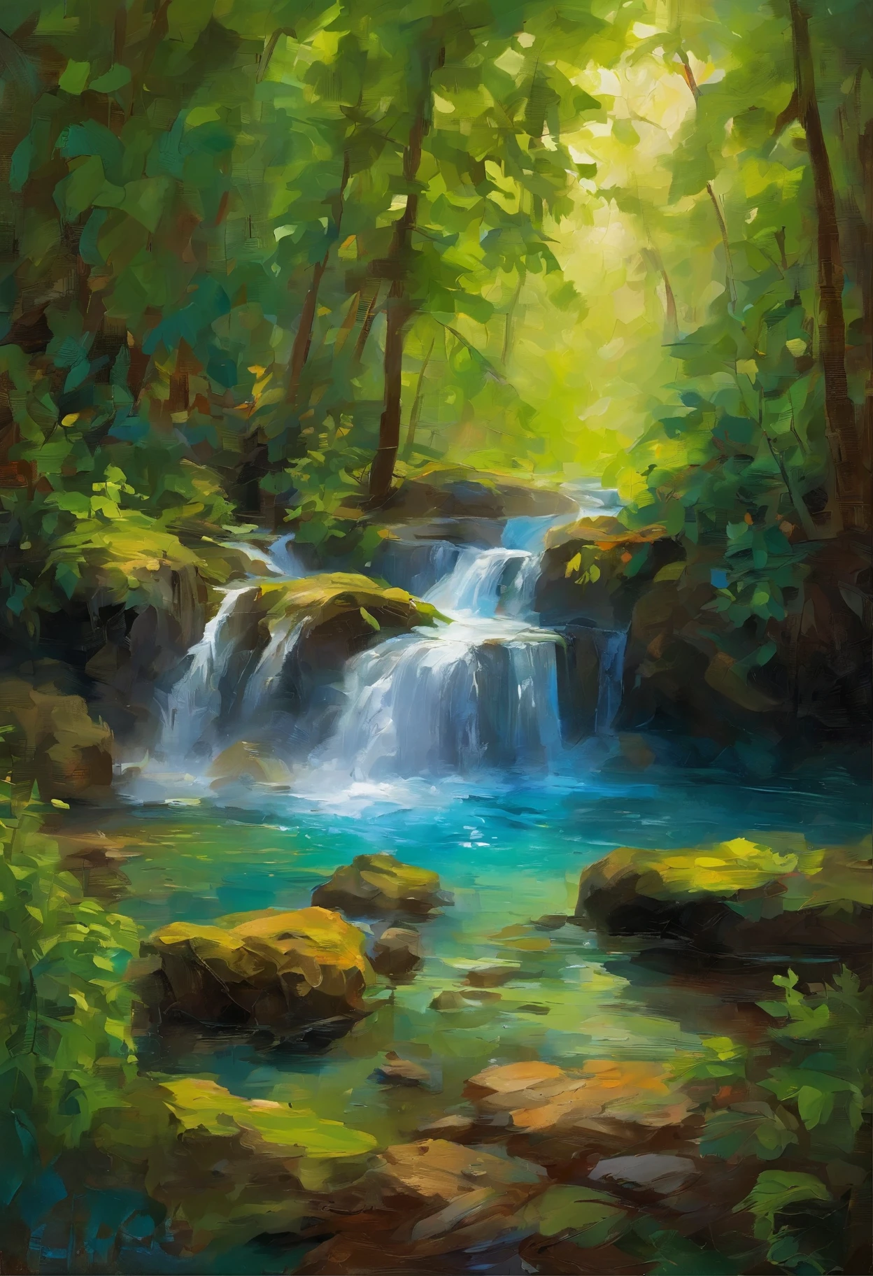 Cascade Falls, hidden among lush vegetation., untouched jungle. The sun's rays break through the dense canopy, illuminating the fog, rising from a waterfall. Vibrant green plants and moss cover the rocks., and bright flowers peek out from the foliage. Hidden stone path leads deeper into the jungle., a hint of unknown beauty. at peace with the secret, Lush greenery, bright blue color of water, and warm glare, through which the sun breaks through Information