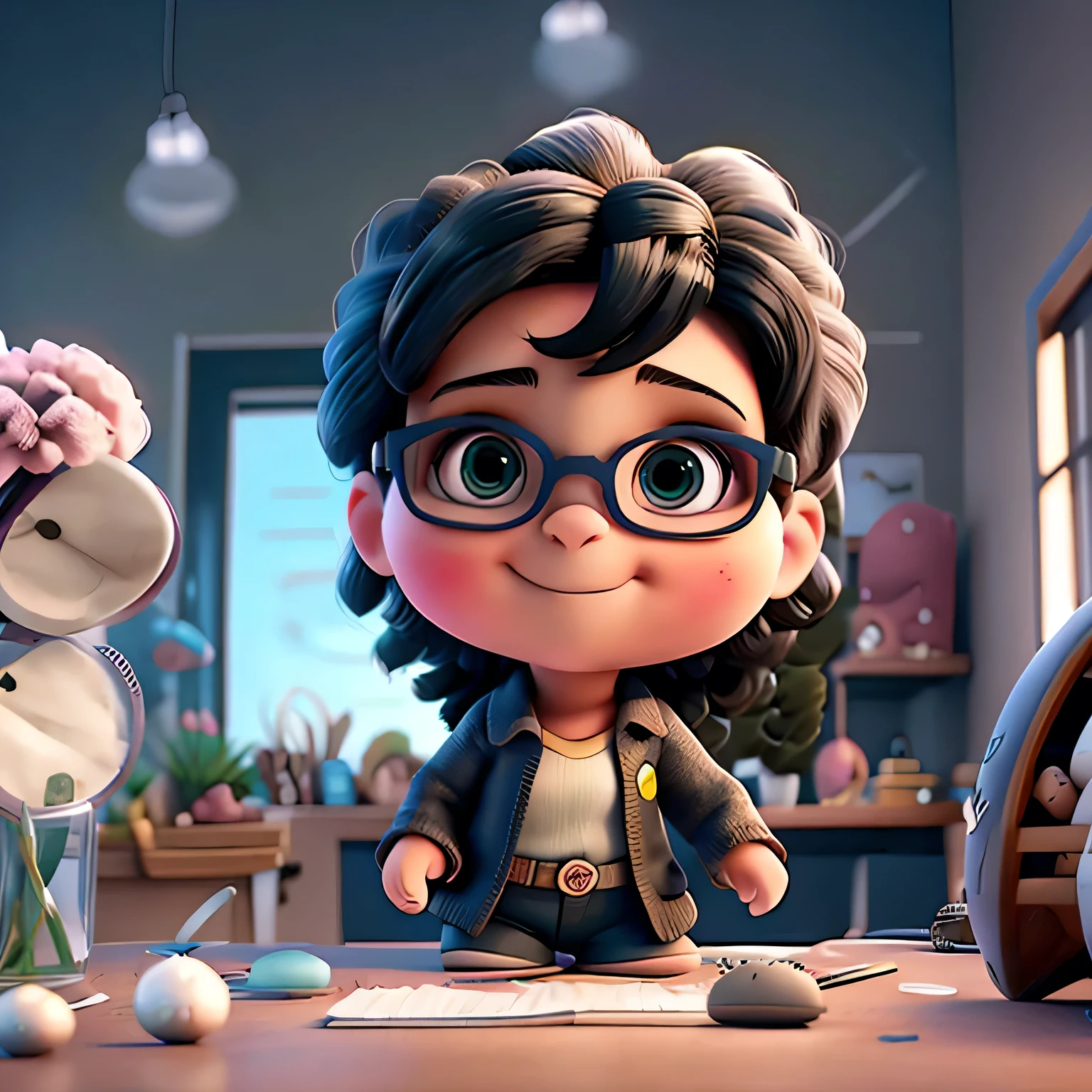 Uma digitadora na frente do computador, negra ,cabelo crespo, wearing glasses, with scissors in hand,em desenho 3 x