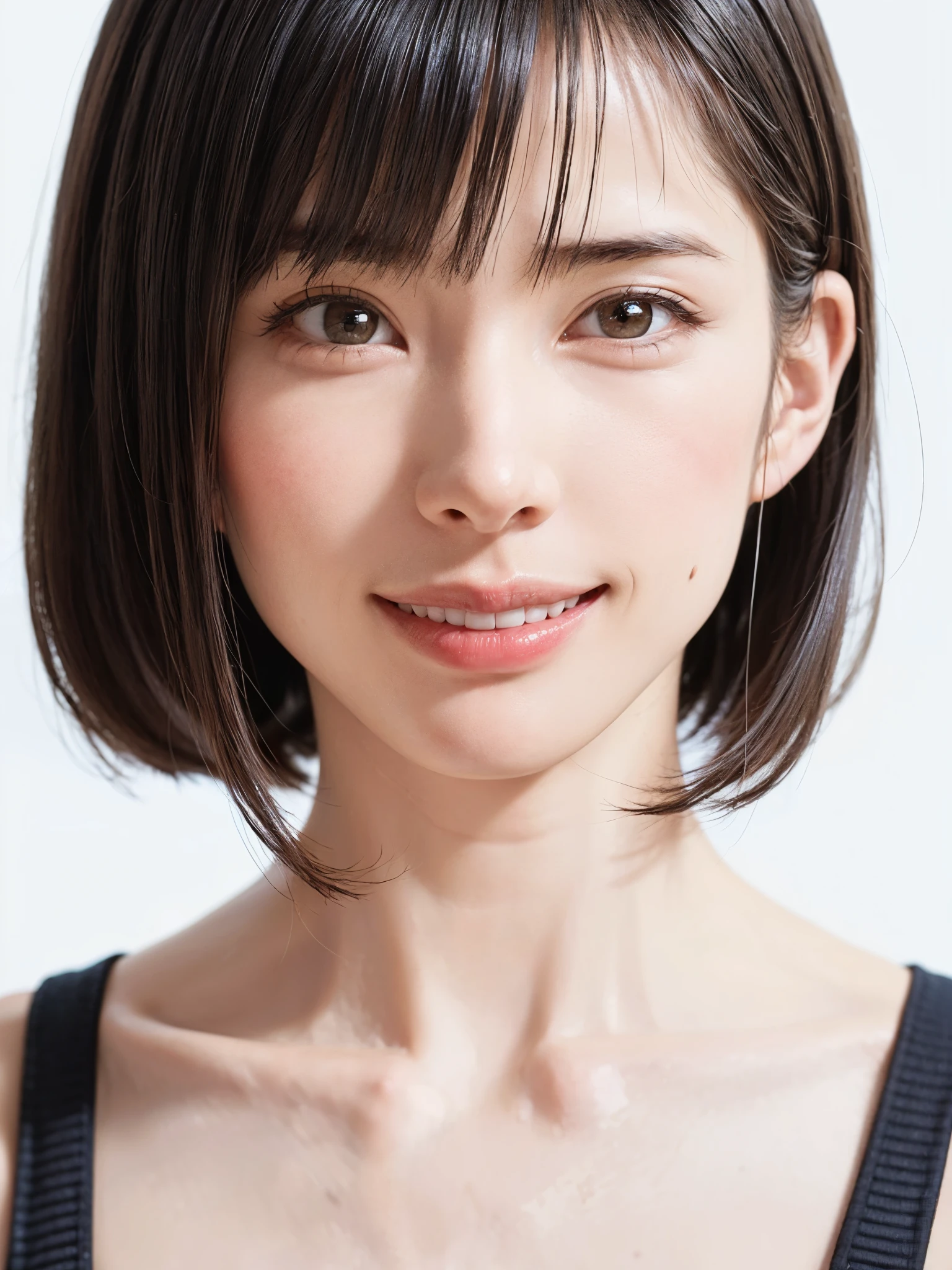 1 girl, alone, Beautiful Skin, very detaileded, ultra detaileded, Ultra-high resolution, (Photorealism:1.4), (highest quality), (Best Shadow), detailed, Perfect lighting, Black Hair, ((Showpiece, highest quality, High precision)), One Girl, (Realistic: 1.4), (look up at the camera even a little, カメラをlook up, look up, look up at the camera, Looking into the camera))), alone, White Background, snow-White Background, shut up., smile, pretty Black Hair, short hair:1.6, Big eyes, Beautiful double eyelids, eyelash, listen, Long neck, 美しいLong neck, Absolute area, ((Face close-up, short hair with bangs、Short Bob Hair:1.5、Off the shoulder)), 19 years old, Attractive proportions, Shiny skin, Beautiful clavicle, Golden ratio face, Perfect Face, Teardrop-shaped mole, Mole on chest, bangs, clean bangs, beautiful bangs, Lip gloss, Thin lips, White skin, I took off my clothes, Small face, Small face, 少し上を向いてLooking into the camera, ((smile a little for the camera, really nothing pure White Background, Listen carefully, big 胸、Dynamic Angle:1.5))
