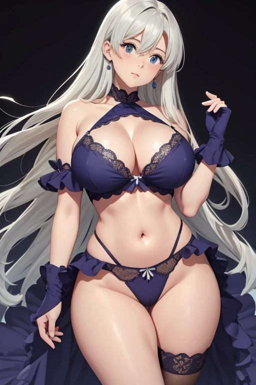 Impresionante cuerpo completamente tonificado, lingerie and large bust size xxl, cintura delgada y caderas anchas piernas largas y separadas tacones altos , landscape y con perfil europeo, ojos azules piel blanca cabello largo plateado, fleco tapando un lado de la cara, Incredibly sharp details and 12k high resolution