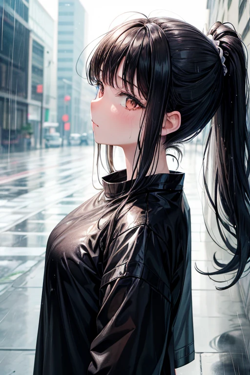 1 girl, long black hair, ponytail, rain, soaked shirt, wet hair, look at viewer, low angle pov