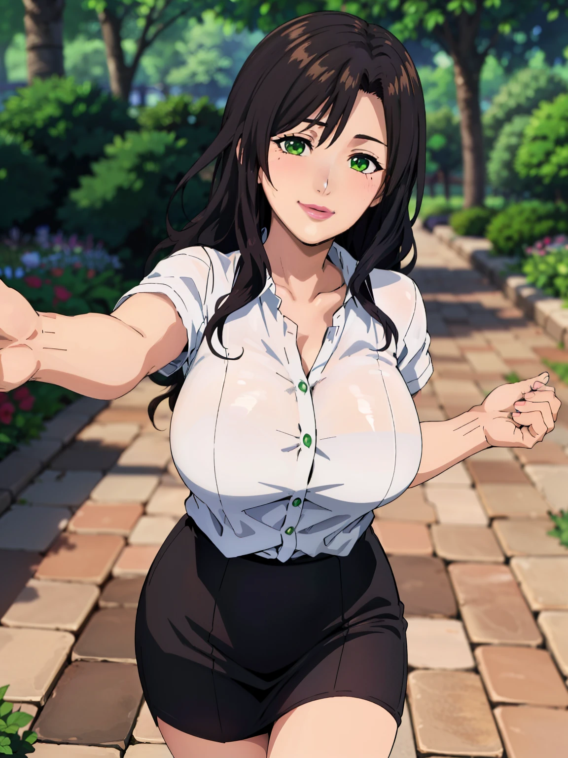 (Grabbing Viewer POV : 1.3), white t-shirt, black skirt, garden background , sayuri, anime cels style, best quality, high resolution, 1girl, (huge breasts:1.2), beautiful face, green eyes, dark brown hair, (very wavy hair), two beauty spots near her left eyes, lipstick, cowboy shot, smiling, blushing, beautiful long legs, beautiful body