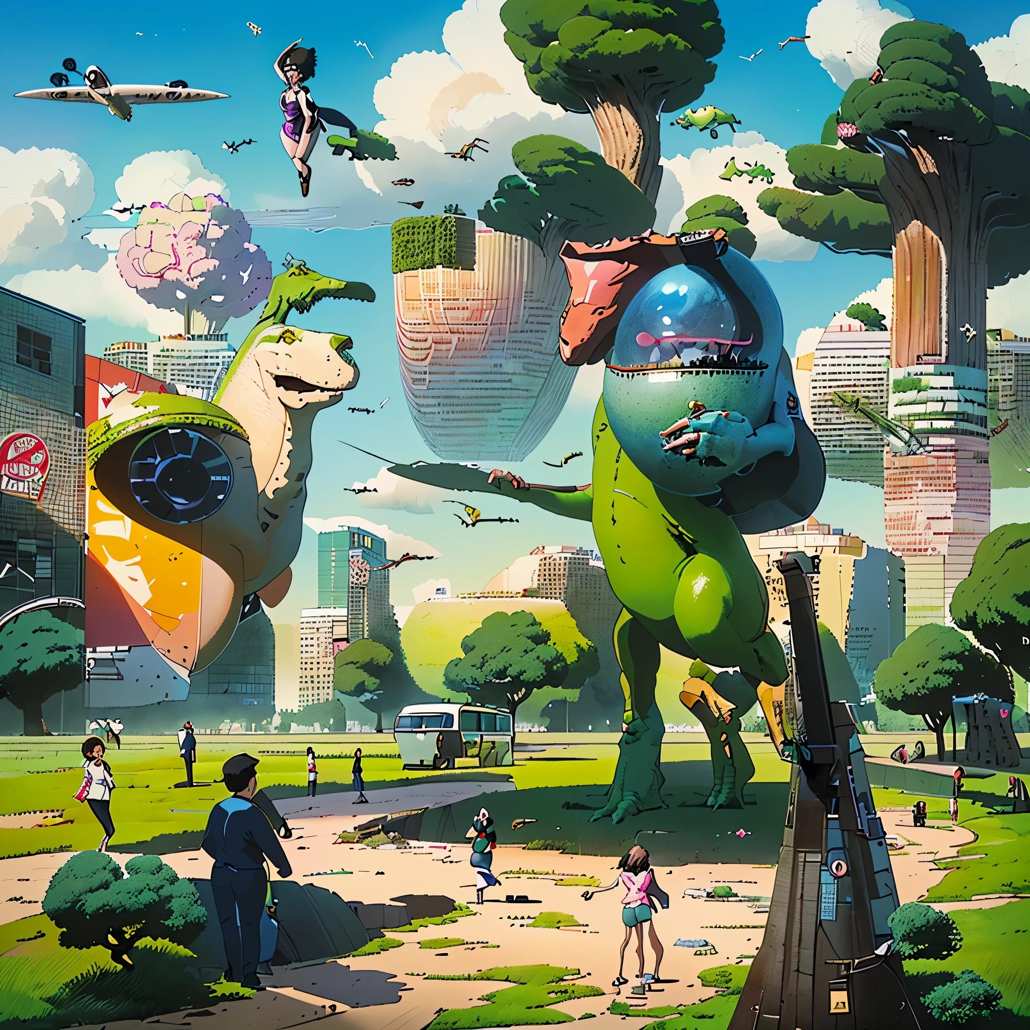 Draw a small planet about 100 meters in radius, covered with green grass. It has a comical Japanese manga style with a strong sense of perspective. There are roads and large trees. There is also a pink snack bar building with a retro Showa-era vibe, and the sign reads "snack P" There are a man and a woman in suits are dancing on the grass with a beer in hand, airplanes flying overhead, dinosaurs present, heroes included, and someone drunk on beer.

