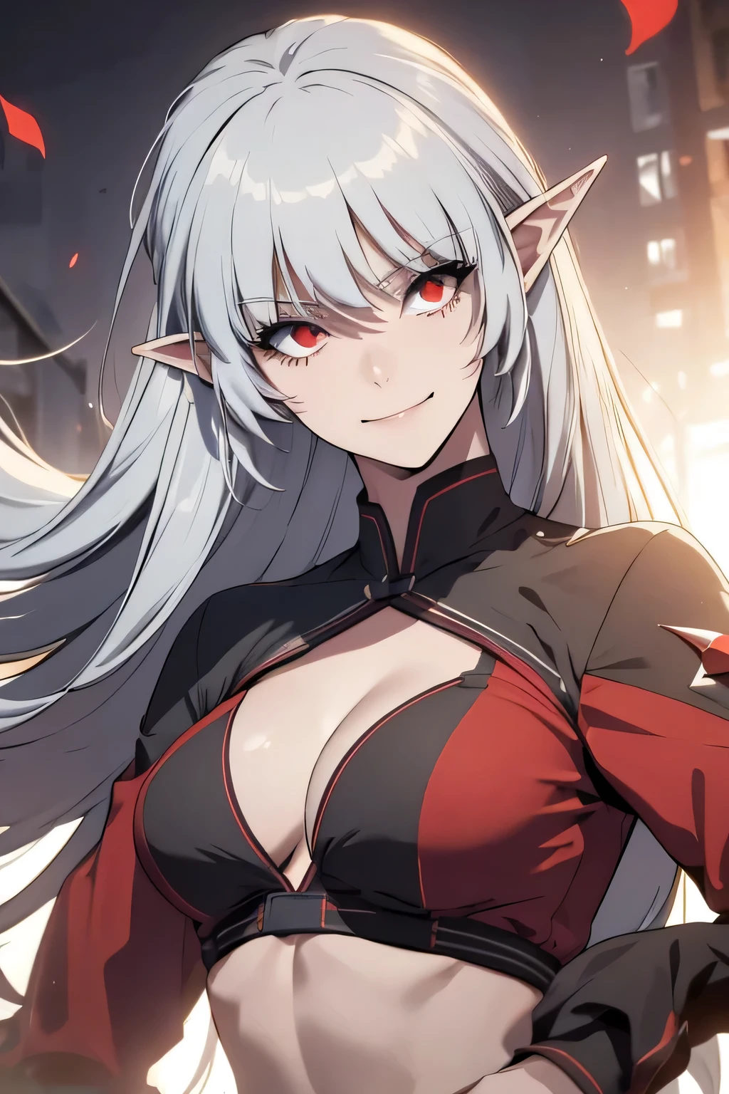 alice,vampire,grey hair, long hair, red eyes, pointy ears, small breasts,, best quality, photorealistic, yujiasuit, bikini, 1girl, solo, , yoga ball, , looking at viewer, smile, green sports bra, simple background, , midriff, long hair, breasts, upper body,