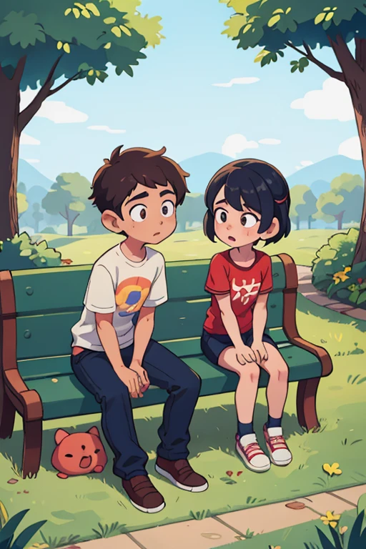 En un parque hay dos chicos sentados en una banca, the boy is confused and the girl explains to him 