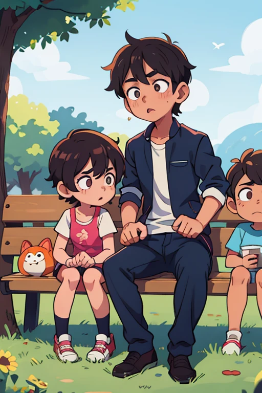En un parque hay dos chicos sentados en una banca, the boy is confused and the girl explains to him