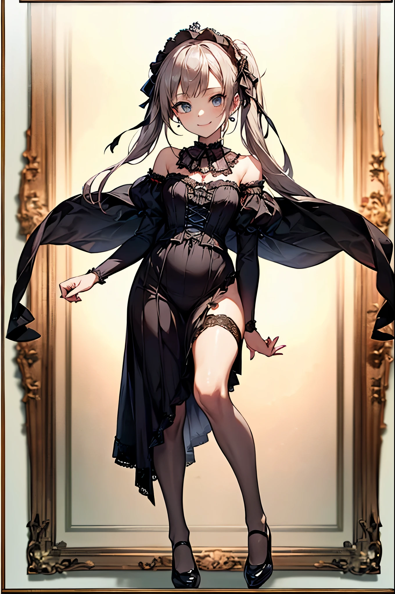 ((Biologically correct number of limbs))、(( Full body photo including face))、4K、((Standing posture))、Masterpiece、((focus on the face))、((Symmetrical facial features))、Eyes with detailed description、Beautiful woman、Outstanding style、Beautiful clavicle、Beautiful legs、Beautiful Hands、Slender Body、(Black Stockings、High heels)、Detailed depiction of faces、Small earrings、necklace、((Gothic Lolita、Gothic Lolita))、Sidelong glance、tie、night、(((White frame、White oak、White border photo)))、High angle、smile