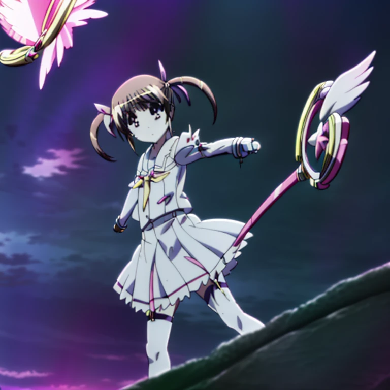 nanoha,smile,anime.wave hands,(((Have a magic cane))),Twin tails,Costumes,プリズマ☆イリヤ,Wings of light,garter belt,(((elementary school student))),Magical girl