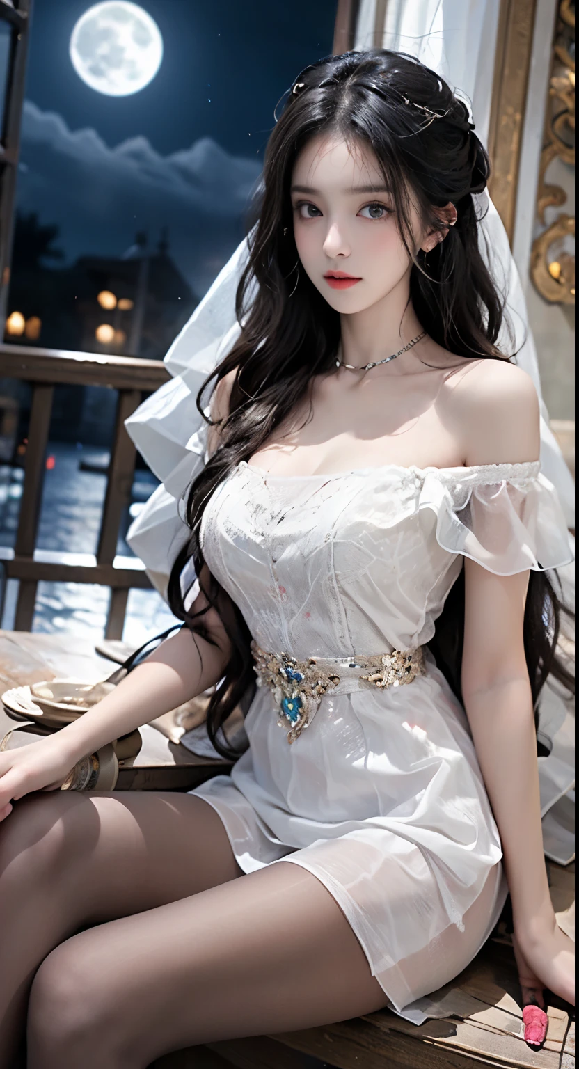 ((masterpiece))((8k resolution)) Under the moonlight、A beautiful woman in her twenties who looks like a fairy wearing a white off-the-shoulder short dress、 Skin as clear as porcelain、Beautiful Legs Pantyhose、Brown hair as smooth as a waterfall、 ((bangs) )、((Viewer Perspective))、(透明感と艶のあるlightgrey pantyhose)、 (All-through pantyhose for Race Queens),、Her face is a fairy of the sky,、Crescent-shaped eyebrows and black eyes、double eyelid、Her eyes are starry and clear and intelligent.、lightgrey pantyhose、 In this transparent space, she seems like she is not of this world.、Her beautiful face is somehow sad、It speaks of thousands of years of solitude.、 The moonlight falls on her body、 A mysterious beauty, as if wrapped in a veil of light、 彼女の美しさはpeople々Captivate、 people々I can&#39;t help but want to take a closer look.、Like a goddess in the palace of the moon、Fantastic scenery

