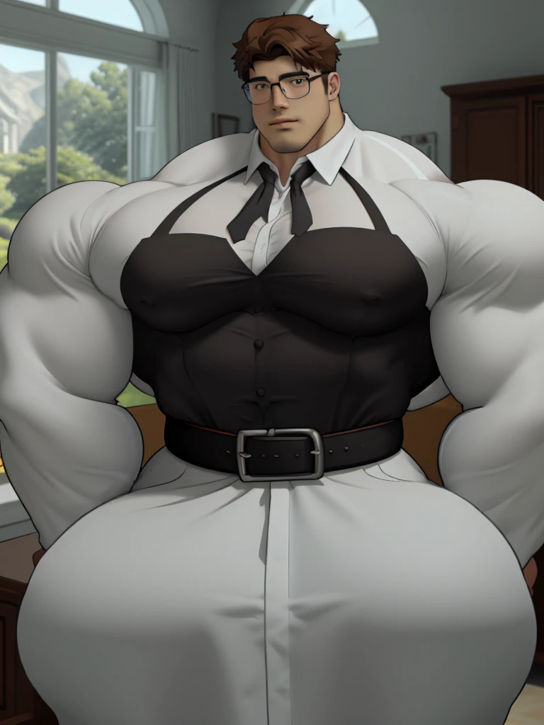 masterpiece, ONYX11, A 28-year-old mature korean male with huge muscles, giant, brutalmass, massive body, bulk, wide pecs, large body size, Look at viewer, Line of sight focusing, Stand, Wearing a white short-sleeved shirt, black suspender, Brown hair, Indoor, Outside the window is the garden, Rimless glasses, textured skin, strong body, super detail, best quality, 8k