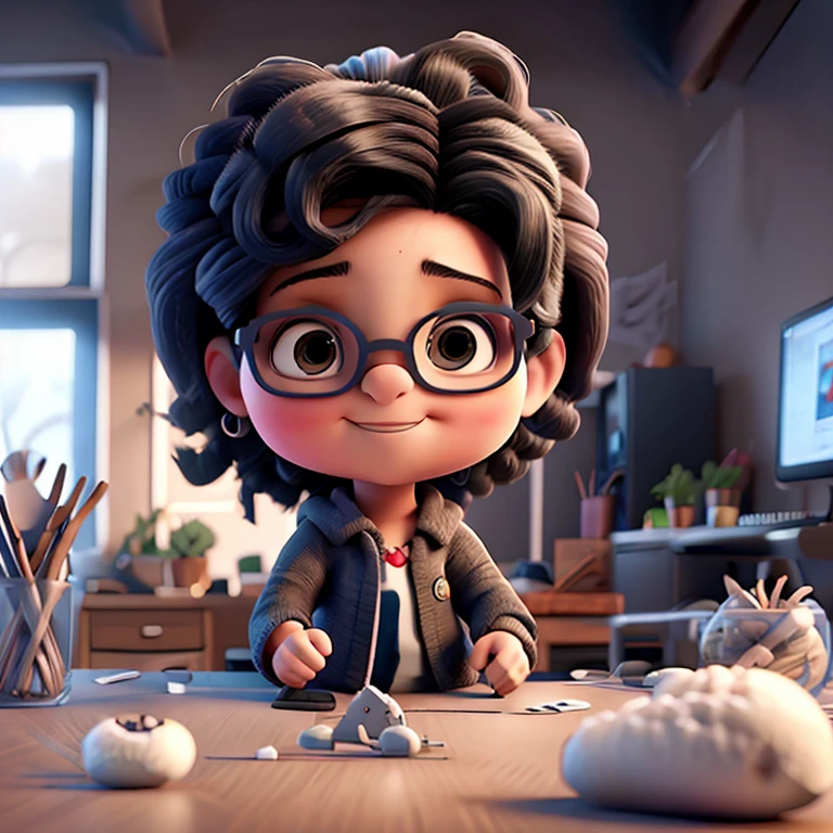 Uma digitadora na frente do computador, negra ,cabelo crespo, wearing glasses, with scissors in hand,in 3d drawing with scissors in hand
