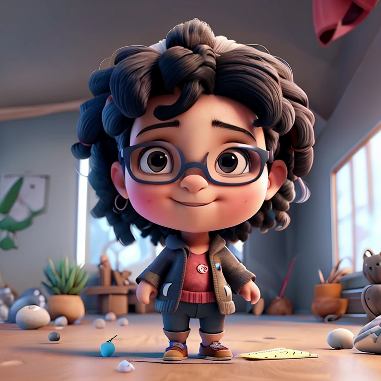 Uma digitadora na frente do computador, negra ,cabelo crespo, wearing glasses, with scissors in hand,in 3d drawing with scissors in hand