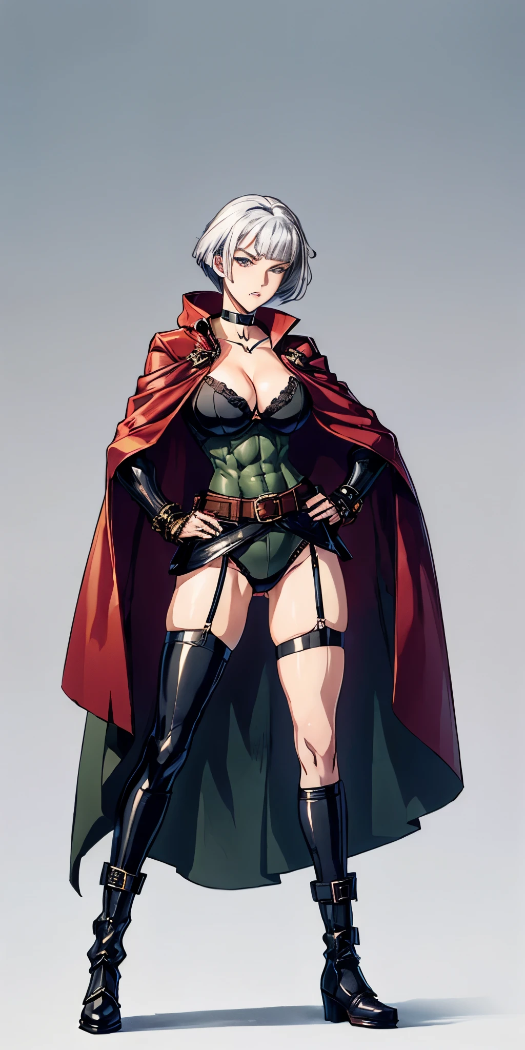 ((Plain background 1:2)) (Cammy White Street Fighter white silver short bob haircut) Female full body standing straight symmetrical looking to the viewer RED full body armored (handcuffs, shackles, rerebrace, faulds, poleyn, gauntlets, leather collar choker, gloves, gauntlets, high boots bootstraps, black stockings) 2 crossing big belt under belly button, navel, abs, garter straps belts attaching bra ((hands on hips)) view from below, wide hips - choppy bangs, arched crescent eyebrows, sharp and determined eyes, a delicate oval face, a serious expression, a fantasy-style dark green military coat, draped with a dark red cloak, leather combat boots, silver greaves leggings, this character embodies a finely crafted fantasy style female military officer in anime style, exquisite and mature manga art style, pale skin, big breast knockers cleavage,