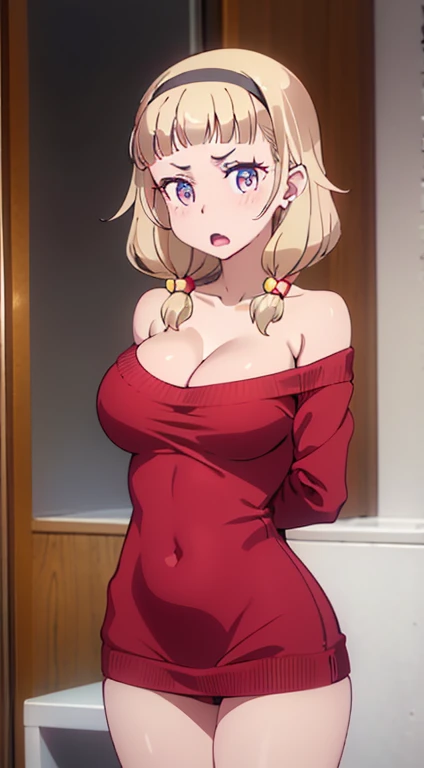 masterpiece, yor, 1girl, Bust A Cup, Amazing Cleavage:1.0, thin waist, big ass, Raised sexy, big breast: 1.2 posed cleavage:1.2、solo, looking at viewer, open mouth, black hair, red eyes, dress, bare shoulders, jewelry, collarbone, sidelocks, hairband, earrings, indoors, off shoulder, :o, sweater, arms behind back, plant, short hair with long locks, white hairband, off-shoulder dress, sweater dress, off-shoulder sweater, red sweater, big side hair, very long side hair,is rendered in (masterpiece: 1.2, best quality), with (ultra high resolution) and an exquisite (depth of field). This masterpiece is not only visually stunning but also tells