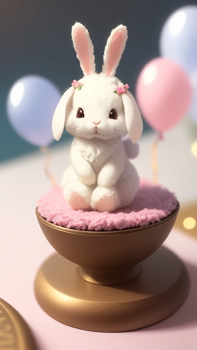 A rabbit that transforms into a cute girl, fluffy, soft ((highest quality)), ((Tabletop)), ( Extremely detailed, Highest detail, Official Art, Beauty and aesthetics: 1.2), Depth of written boundary, composition, whole body, (Little), (Beautiful and detailed: 1.3), (very happy: 1), Colorful small balloons on a blurred background