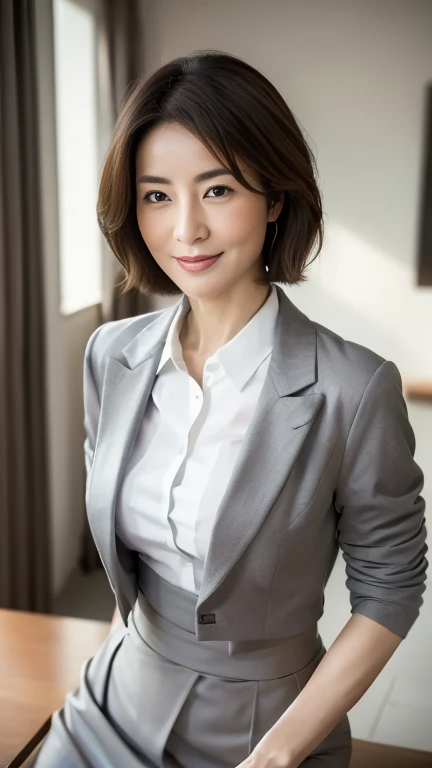 (highest quality,8k,masterpiece),
日本人Mature Woman,40 years,Mature Woman,Pure white skin, Tabletop、Top view from chest、
Full breasts、 ((White collared blouse))、((Grey tailored jacket))、Grey tight skirt、Brown short bob、
,A gentle smile、A gaze that seduces viewers、In-house offices、