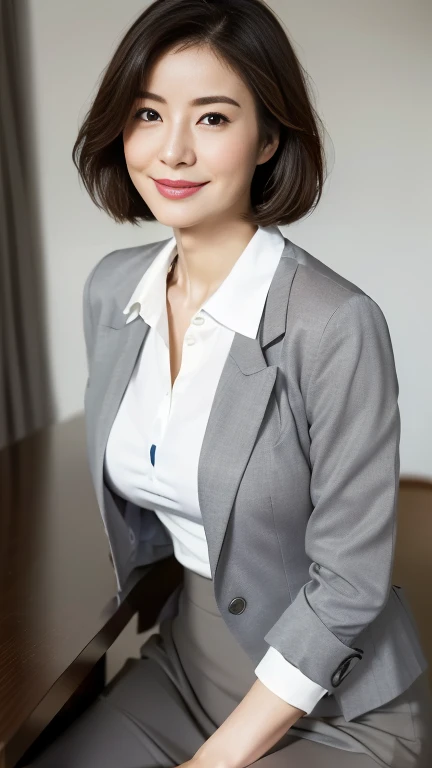 (highest quality,8k,masterpiece),
日本人Mature Woman,40 years,Mature Woman,Pure white skin, Tabletop、Top view from chest、
Full breasts、 ((White collared blouse))、((Grey tailored jacket))、Grey tight skirt、Brown short bob、
,A gentle smile、A gaze that seduces viewers、In-house offices、