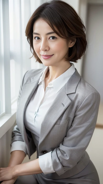 (highest quality,8k,masterpiece),
日本人Mature Woman,40 years,Mature Woman,Pure white skin, Tabletop、Top view from chest、
Full breasts、　((White collared blouse))、((Grey tailored jacket))、Grey tight skirt、Brown short bob、
,A gentle smile、A gaze that seduces viewers、In-house offices、