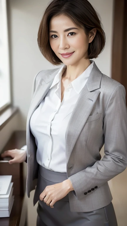 (highest quality,8k,masterpiece),
日本人Mature Woman,40 years,Mature Woman,Pure white skin, Tabletop、Top view from chest、
Full breasts、 ((White collared blouse))、((Grey tailored jacket))、Grey tight skirt、Brown short bob、
,A gentle smile、A gaze that seduces viewers、In-house offices、
