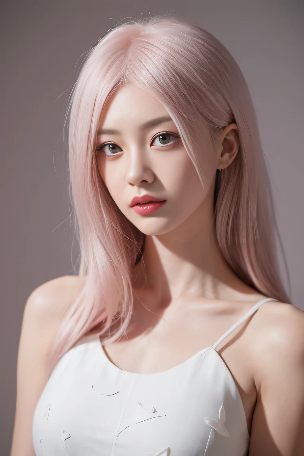 A girl with detailed face, Includes highly detailed eyes and facial features. Portraits should be single-person paintings，And the quality should be 1.3. The girl has light Pink hair and Pink eyes of 1.5. Strength. She wore a white dress，Standing in a simple background，Scattered cherry blossom leaves. The overall tone of the image is vibrant，Girl&#39;s hair is curly. The image should have paint splatters to add an artistic feel, And the lights should have ray tracing effects.(（Pink：1.5）)