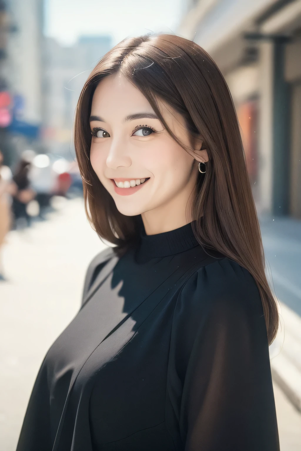 ((highest quality, 8k, masterpiece :1.3)), One girl, smile, whole body, Slim face, Beautiful woman, (Dark brown hair), Full-length dress :1.1, Highly detailed face, Fine grain, double eyelid, Blur the background, Slim face, city, outside, street,