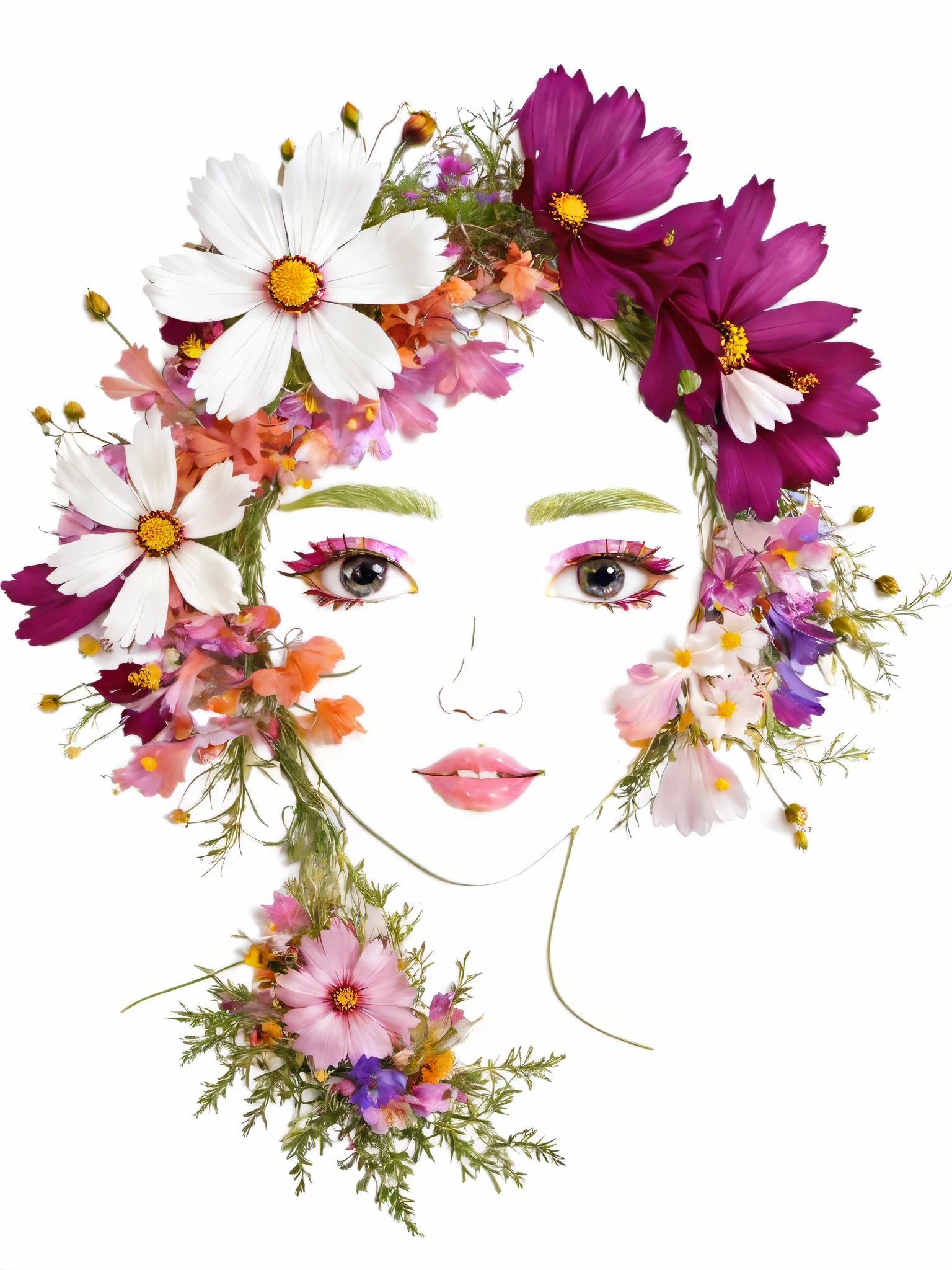 Fall Leaf Crafts, Girl made of flowers, Cosmos flower、Portraiture, White background、