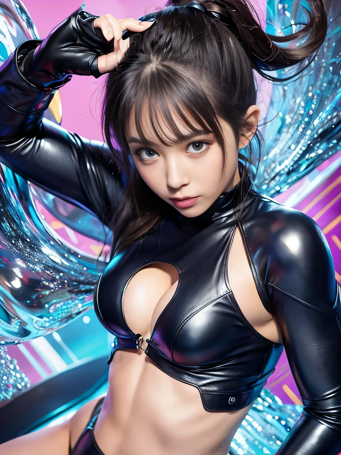 fantastic water ninja、Whole Body Ezbian、、Fluorescent blue ninja suit、、、Black Hair、Idol's face