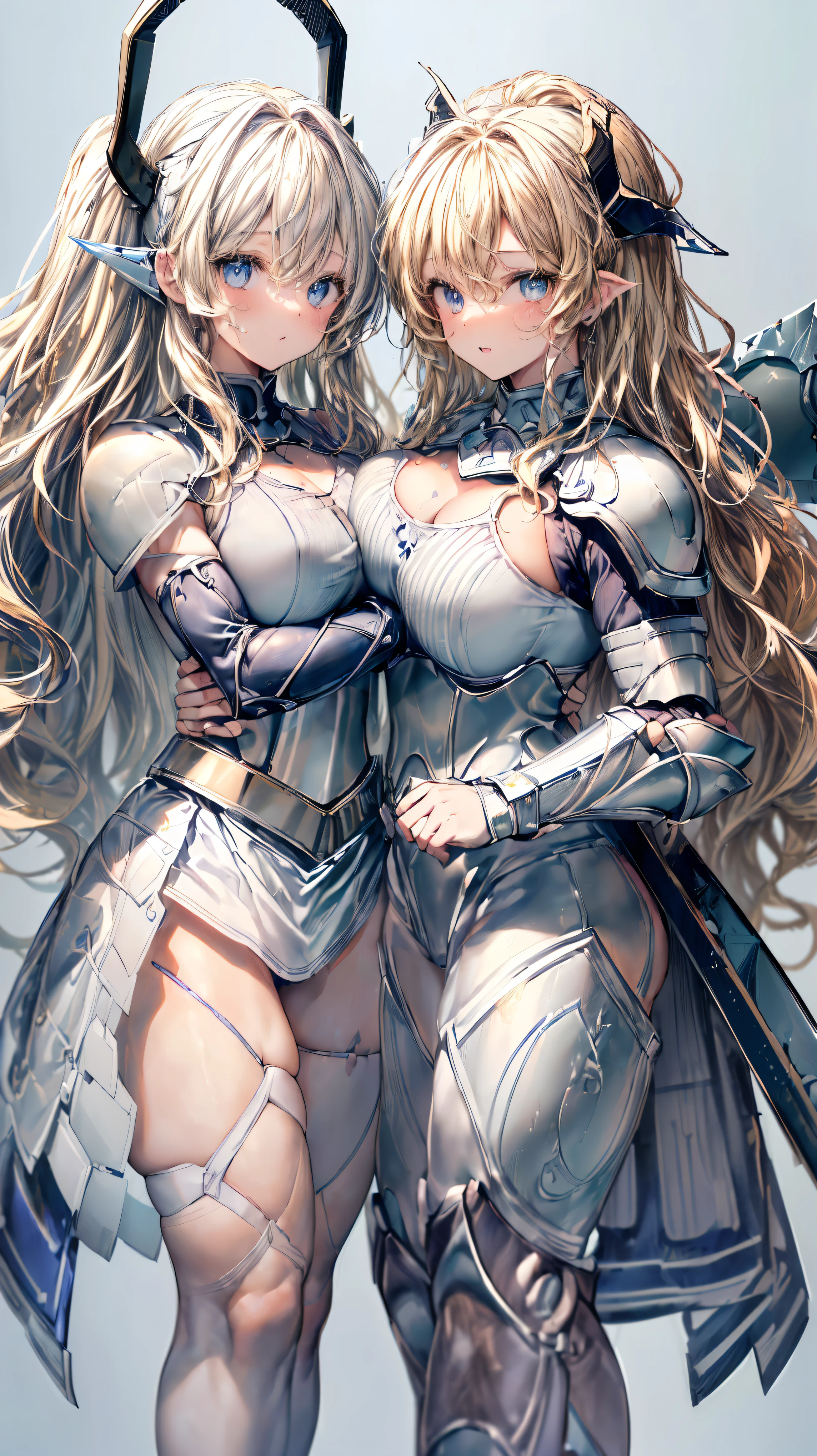 Very detailed、highest quality、(Best image quality:1.5)、(masterpiece:1.5)、8k、(Two women side by side:1.5)、Anime Face、A kind smile、Open Mouth、Sparkling blue eyes、(Blonde wavy hair:1.5)、(Muscles of the whole body:1.3)、camisole、Thigh belt、(Wearing white armor:1.5)、(Cowboy Shot:1.6)、Wearing a helmet、(Holding a battle axe:1.5)