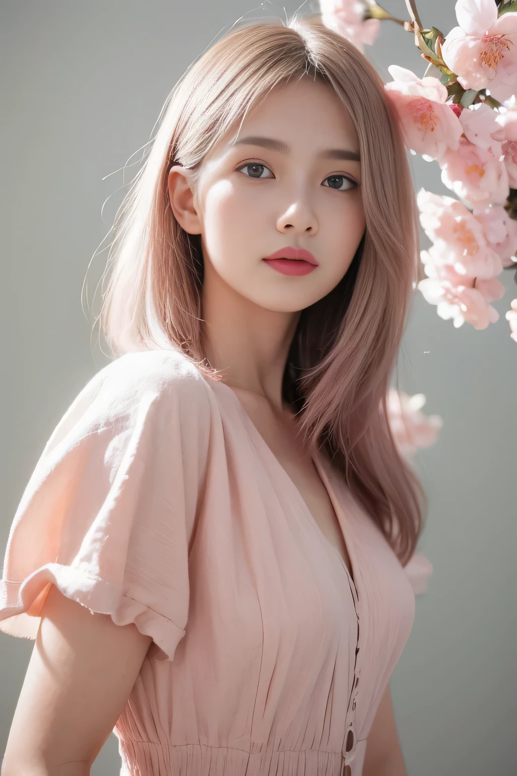 A girl with detailed face, Includes highly detailed eyes and facial features. Portraits should be single-person paintings，And the quality should be 1.3. The girl has light Pink hair and Pink eyes of 1.5. Strength. She wore a white dress，Standing in a simple background，Scattered cherry blossom leaves. The overall tone of the image is vibrant，Girl&#39;s hair is curly. The image should have paint splatters to add an artistic feel, And the lights should have ray tracing effects.(（Pink：1.5）)