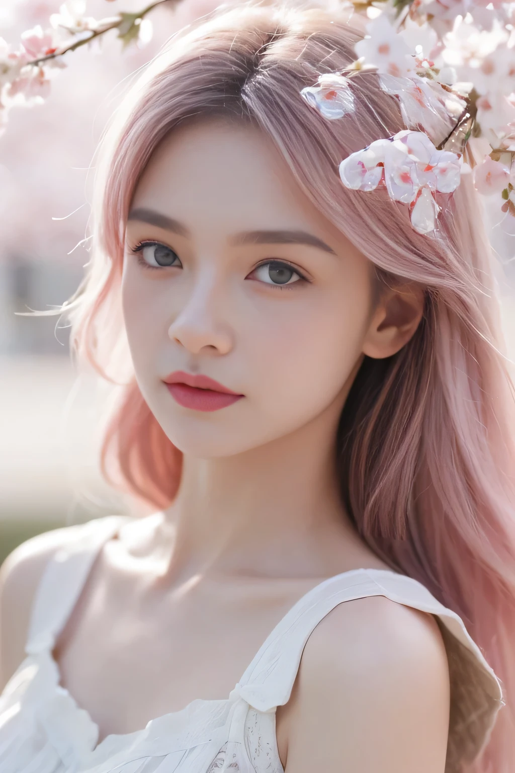 A girl with detailed face, Includes highly detailed eyes and facial features. Portraits should be single-person paintings，And the quality should be 1.3. The girl has light Pink hair and Pink eyes of 1.5. Strength. She wore a white dress，Standing in a simple background，Scattered cherry blossom leaves. The overall tone of the image is vibrant，Girl&#39;s hair is curly. The image should have paint splatters to add an artistic feel, And the lights should have ray tracing effects.(（Pink：1.5）)