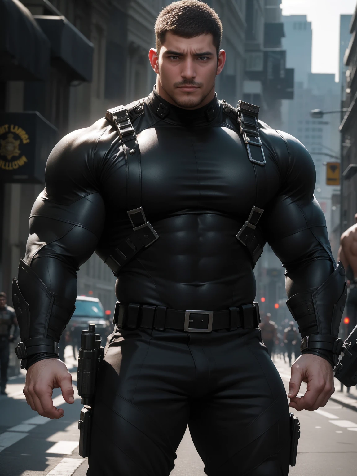 One Tall giant muscular police officer, Mechanical masks, Big Black Mask, on the street outdoors, Brown Superhero Bodysuit, The expression is arrogant, Lift your chin, Messy hair, Thick thighs, Brown Superhero Bodysuit, very tight, Regular symmetrical pattern, Highlight muscles, Police uniform pants, character concept(Resident Evil - Chris Redfield, Chris Redfield)A proud expression, Deep and charming eyes, Heroic male pose, tall Burly, muscular!muscular thighs, tough guy, perfect facial features, High, Burly, Heqiang, Super Buff and Coolness, High Resolution Committee, Charismatic strongman, The sun is blazing, dazzling