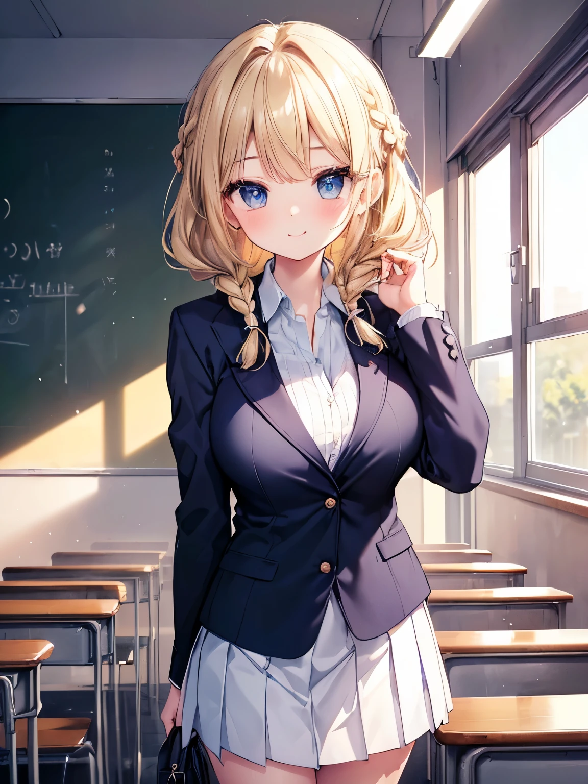 Masterpiece,Best Quality,(Super Detail),Perfect Lighting, Highly detailed CG,Super detailed,(Highly detailed eyes,Very cute face,Highly detailed face:1.3),Beautiful Anime Girl,(Solo Girl),(Super huge boobs:1.2),(Sensual,Glamorous:1.4),(Blonde,Medium Hair,Twin braids,Let your hair hang forward:1.2),(Big light blue eyes),(Very happy smile,Open your mouth wide),break,(School uniform,Navy Blue Blazer,Unbutton and open your jacket:1.3),Beige vest,Collared shirt,White shirt,Pleated skirt,School classroom,Aligned desks,Curtains swaying in the wind,blackboard,(Cowboy Shot),Place your hands on your chest,